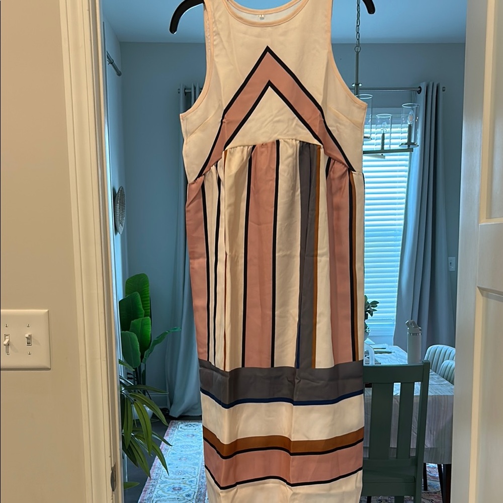 Cream and Brown Sleeveless Halter Midi Dress
